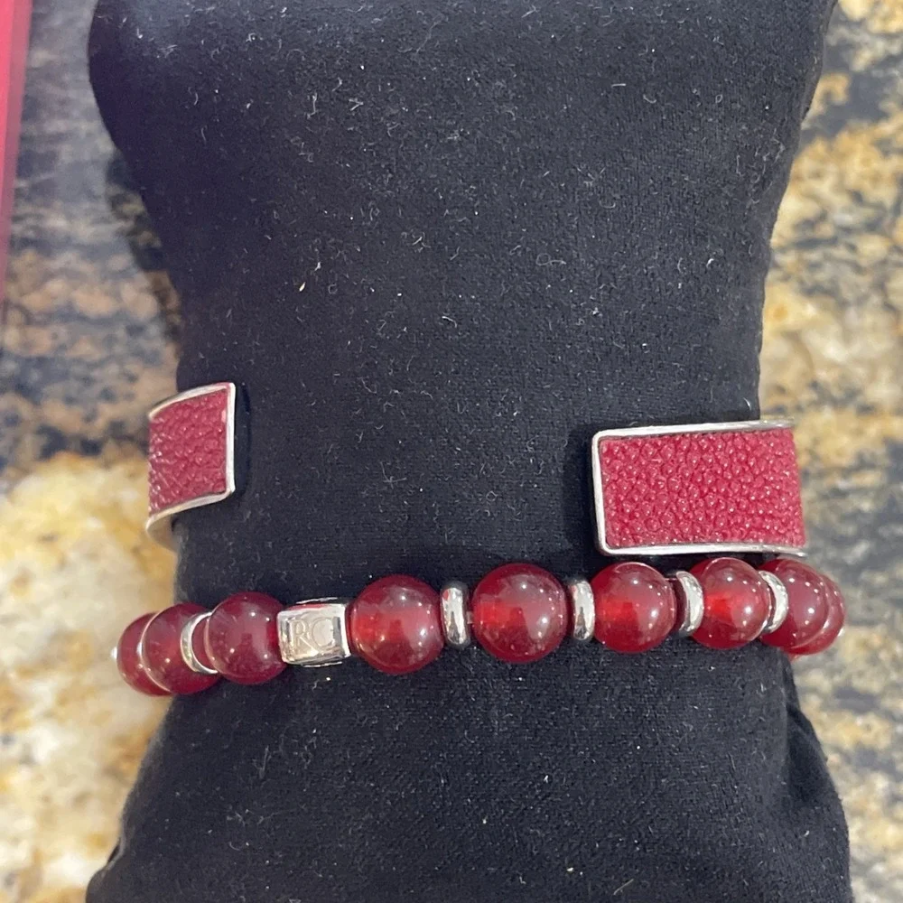 Patriotic Rustic Cuff Set Of 2 Bracelets One Stretch One Metal Cuff Red & Silver